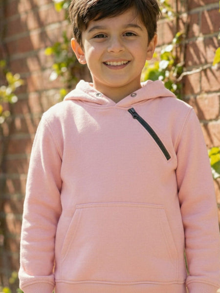 Kids Unisex Solid Hooded Sweatshirt — Pink Angle View — Custom Printing Surat