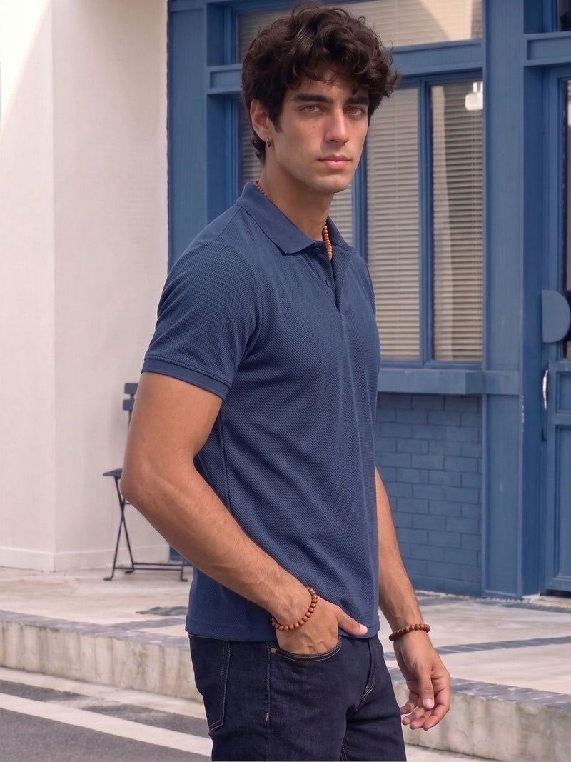 Men's All-Over Printed Polo Collar T-Shirt — Navy Blue — Quality Craftsmanship Anatomy