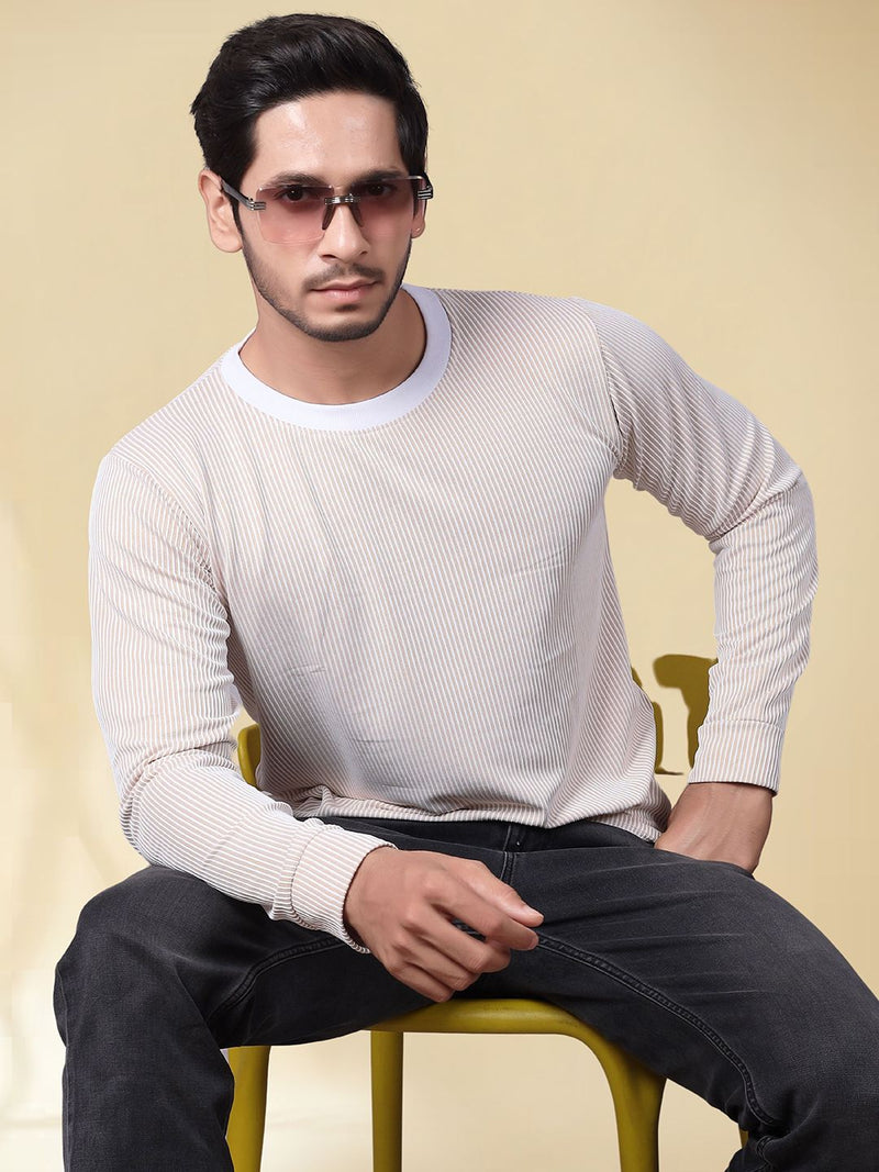 Men Round Neck Full Sleeve Striped T-shirt — Brown — Quality Craftsmanship Anatomy