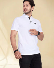 Men's Printed Mandarin Collar T-Shirt — White — Thumbnail 3