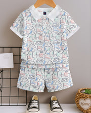 Kids Boys Premium Abstract Print Polo T-Shirt and Shorts Set — White — Thumbnail 1