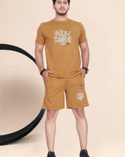 Men's Cotton Printed Night Suit Set of Top & Shorts — Brown — Thumbnail 1