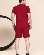 Men's Cotton Printed Night Suit Set of Top & Shorts — Maroon — Thumbnail 4