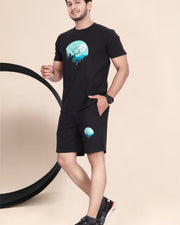 Men's Cotton Printed Night Suit Set of Top & Shorts — Black — Thumbnail 1