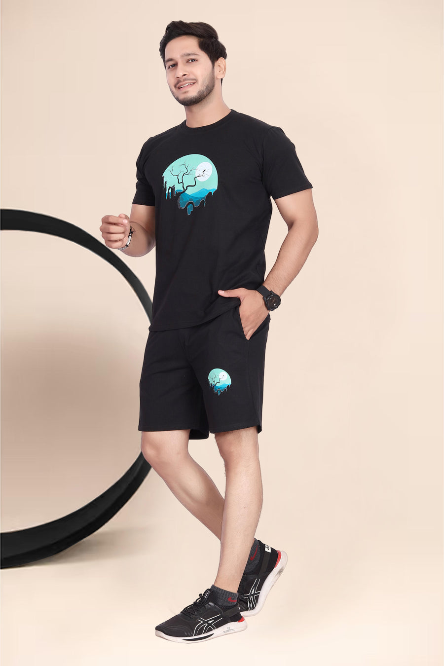 Men's Cotton Printed Night Suit Set of Top & Shorts — Black — Tshirt Factory India Direct Manufacturer Surat