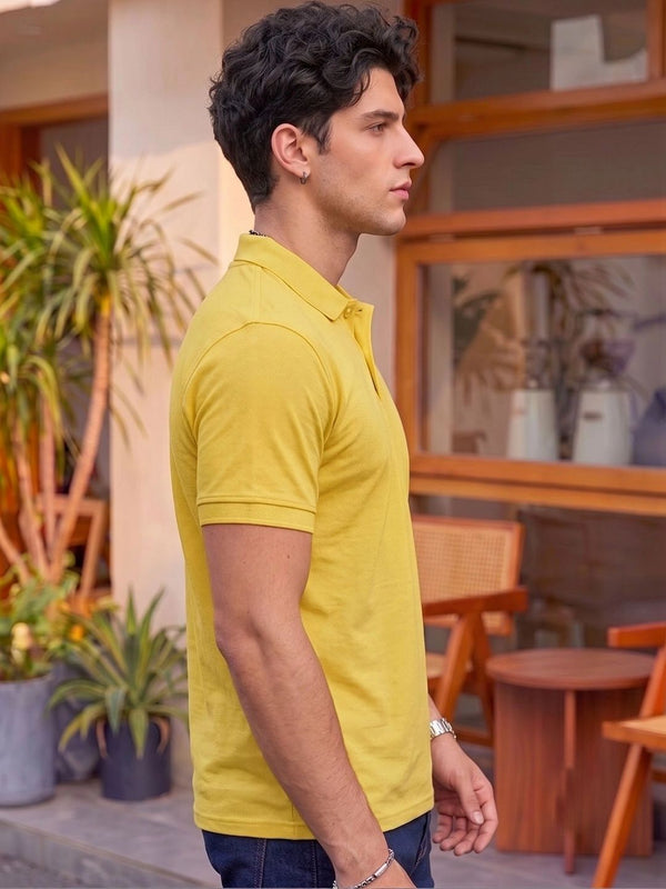 Men's All-Over Printed Polo Collar T-Shirt — Yellow Angle View — Custom Printing Surat