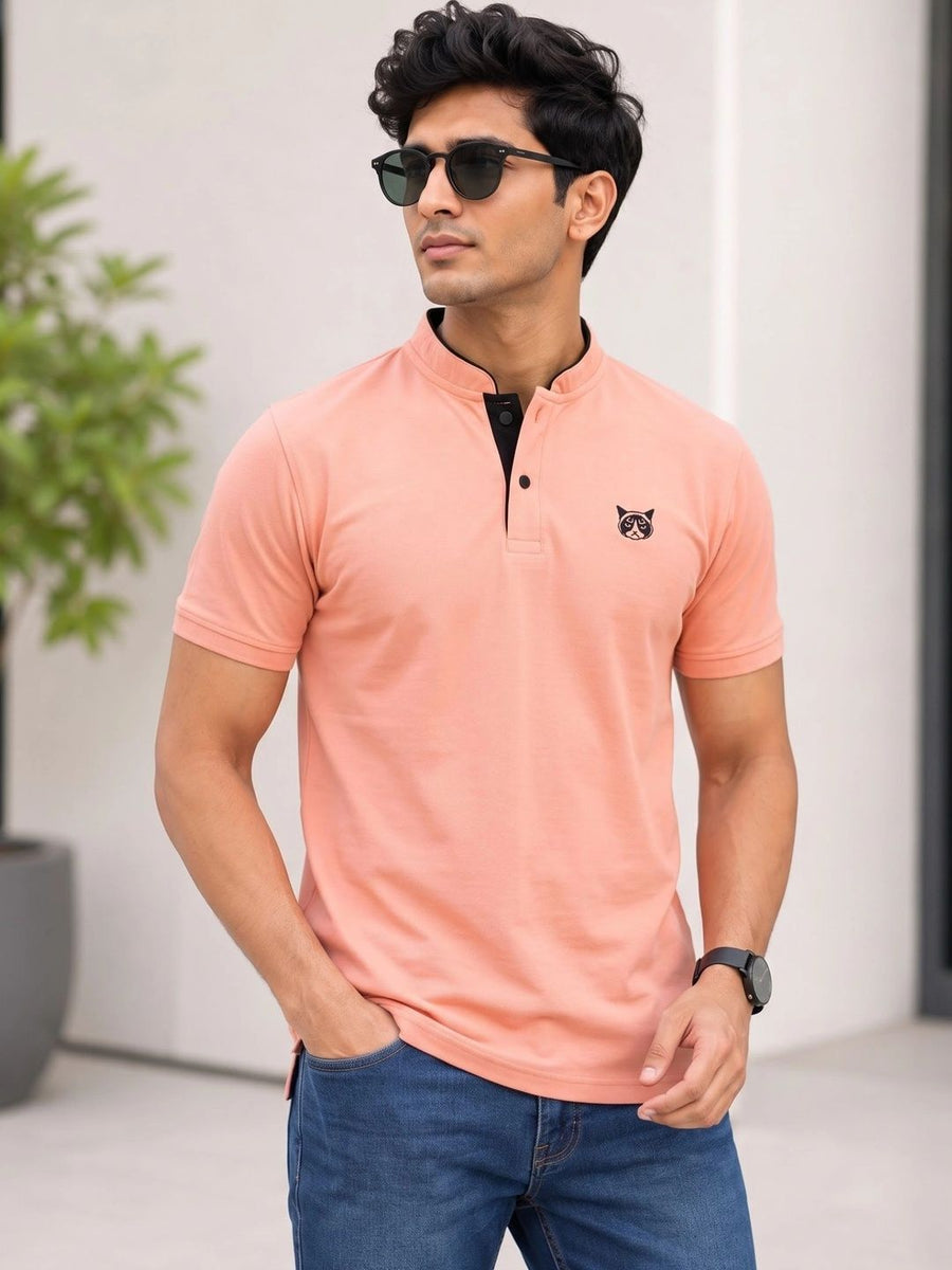 Men's Mandarin Collar T-Shirt — Peach — Tshirt Factory India Direct Manufacturer Surat