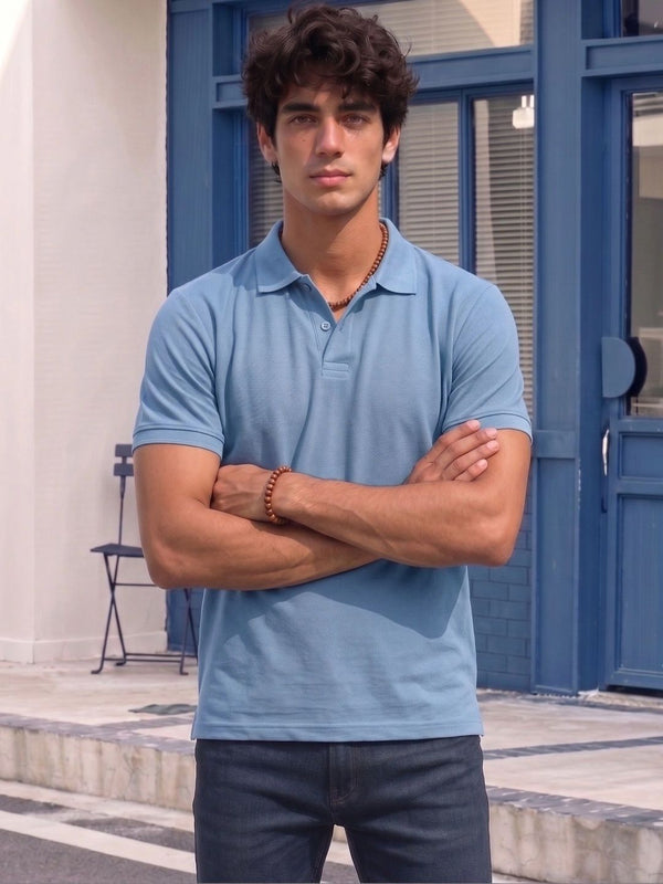 Men's All-Over Printed Polo Collar T-Shirt — Blue Angle View — Custom Printing Surat