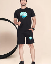 Men's Cotton Printed Night Suit Set of Top & Shorts — Black — Thumbnail 2