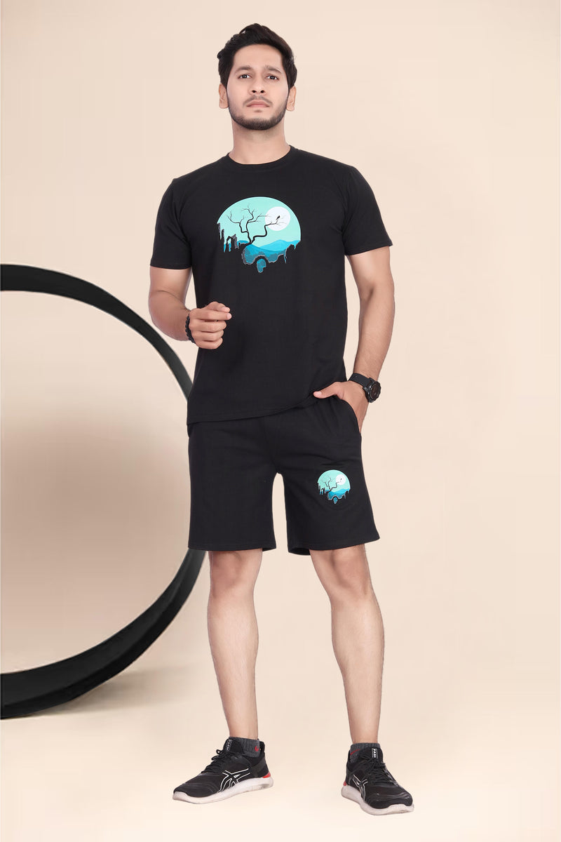Men's Cotton Printed Night Suit Set of Top & Shorts — Black — Quality Craftsmanship Anatomy