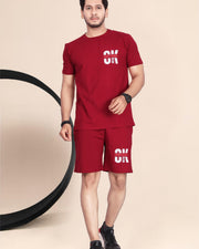 Men's Cotton Printed Night Suit Set of Top & Shorts — Maroon — Thumbnail 1
