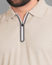 Men Polo Collar Pockets T-shirt — Beige — Thumbnail 2