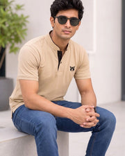 Men's Brand Logo Mandarin Collar T-Shirt — Cream — Thumbnail 5