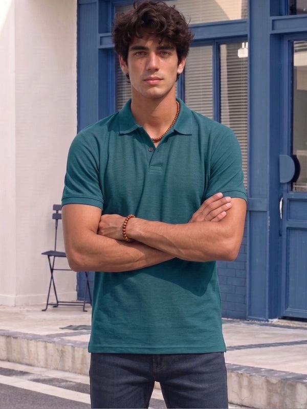 Men's All-Over Printed Polo Collar T-Shirt — Teal Angle View — Custom Printing Surat