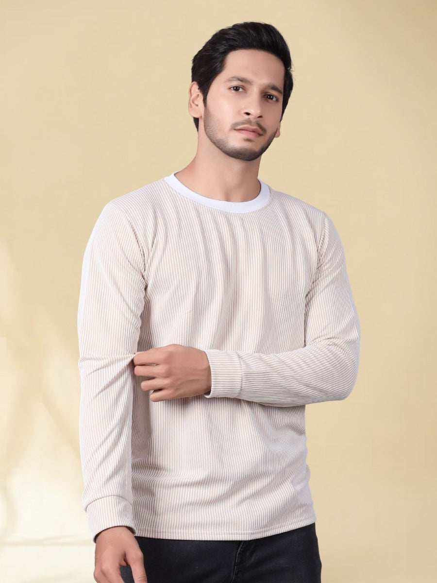 Men Round Neck Full Sleeve Striped T-shirt — Brown — Custom Print Studio