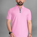 Men's Quarter-Zip Spread Collar Solid Polo T-Shirt — Pink