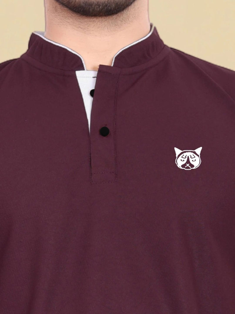Men's Brand Logo Mandarin Collar T-Shirt — Maroon — Quality Craftsmanship Anatomy