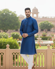 Men's Jacquard Self-Design Silk Blend Festive Kurta — Navy Blue — Thumbnail 3