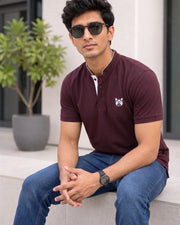 Men's Brand Logo Mandarin Collar T-Shirt — Burgundy — Thumbnail 7