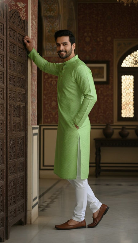 Men's Jacquard Self-Design Silk Blend Festive Kurta — Pista Green Angle View — Custom Printing Surat