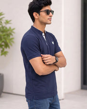 Men's Brand Logo Mandarin Collar Pockets T-Shirt — Navy Blue — Thumbnail 4