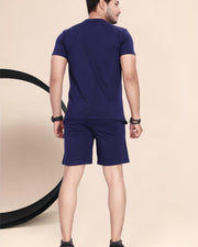 Men's Cotton Printed Night Suit Set of Top & Shorts — Navy Blue — Thumbnail 4