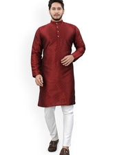 Men's Mandarin Collar Jacquard Straight Kurta — Maroon — Thumbnail 1