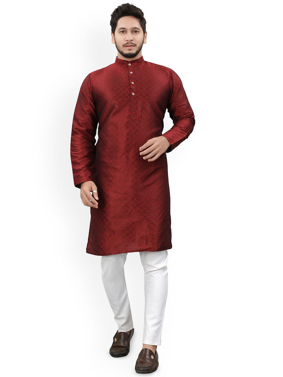 Men's Mandarin Collar Jacquard Straight Kurta — Maroon — Custom Print Studio