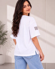 Women's Printed Drop-Shoulder Sleeves T-Shirt — White — Thumbnail 4