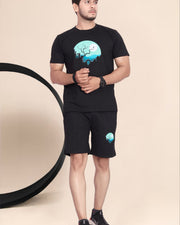 Men's Cotton Printed Night Suit Set of Top & Shorts — Black — Thumbnail 4