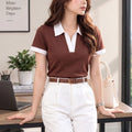 Women Colourblocked Polo Collar T-shirt — Coffee Brown