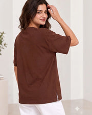 Women's Printed Drop-Shoulder Sleeves T-Shirt — Coffee Brown — Thumbnail 4