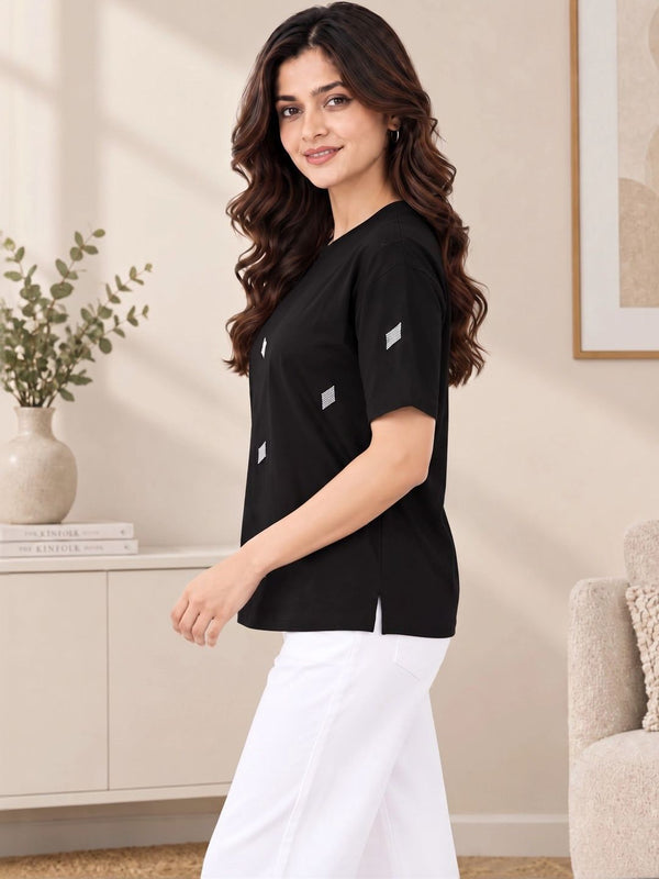 Women's Printed T-Shirt — Black Angle View — Custom Printing Surat