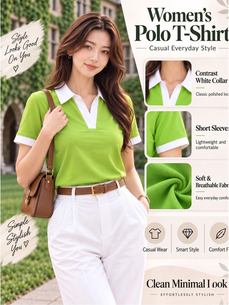 Women's Colourblocked Polo Collar T-Shirt — Green — Quality Craftsmanship Anatomy