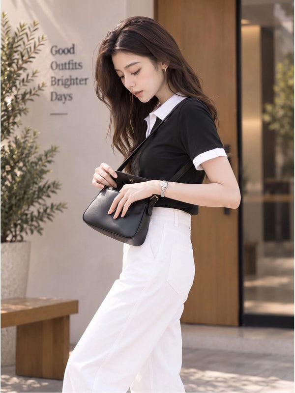 Women's Colourblocked Polo Collar T-Shirt — Black Angle View — Custom Printing Surat