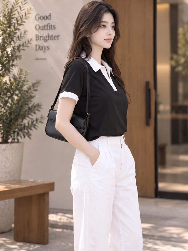Women's Colourblocked Polo Collar T-Shirt — Black — Tshirt Factory India Direct Wholesale Manufacturer