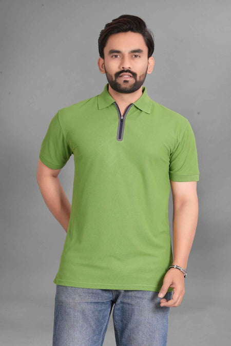 Men's Quarter-Zip Spread Collar Solid Polo T-Shirt — Pista Green — Tshirt Factory India Direct Wholesale Manufacturer