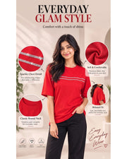 Divra Clothing Women Embellished Relaxed Fit T-Shirt — Red — Thumbnail 3