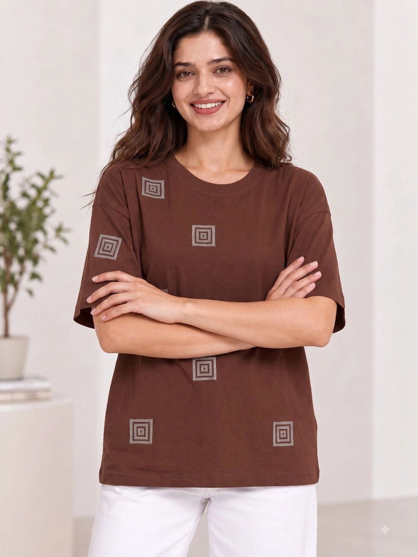 Women's Printed Drop-Shoulder Sleeves T-Shirt — Coffee Brown — Tshirt Factory India Direct Wholesale Manufacturer