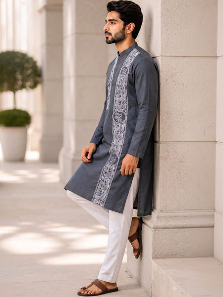 Men's Embroidered Thread Work Kurta - Grey Angle View — Custom Printing Surat