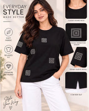 Women's Printed Drop-Shoulder Sleeves T-Shirt — Black — Thumbnail 5