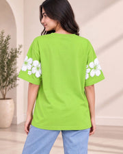 Women Floral Printed Tropical Applique T-shirt — Green — Thumbnail 5