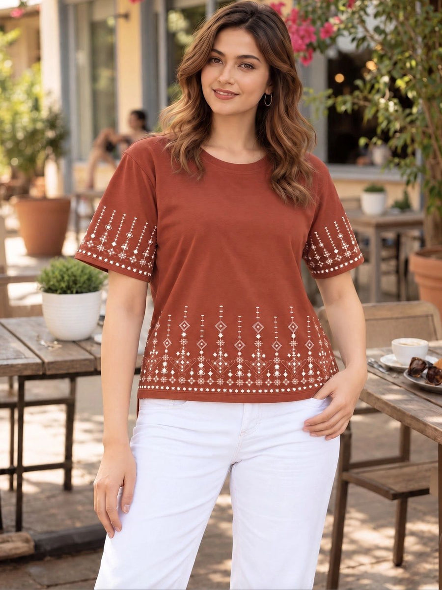 Women's Printed T-Shirt — Rust — Tshirt Factory India Direct Manufacturer Surat
