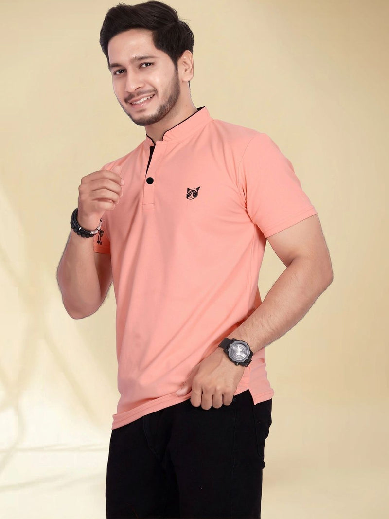 Men's Mandarin Collar T-Shirt — Peach — Quality Craftsmanship Anatomy
