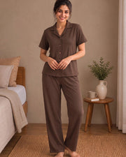 Women's Solid Shirt with Palazzos — Brown — Thumbnail 1