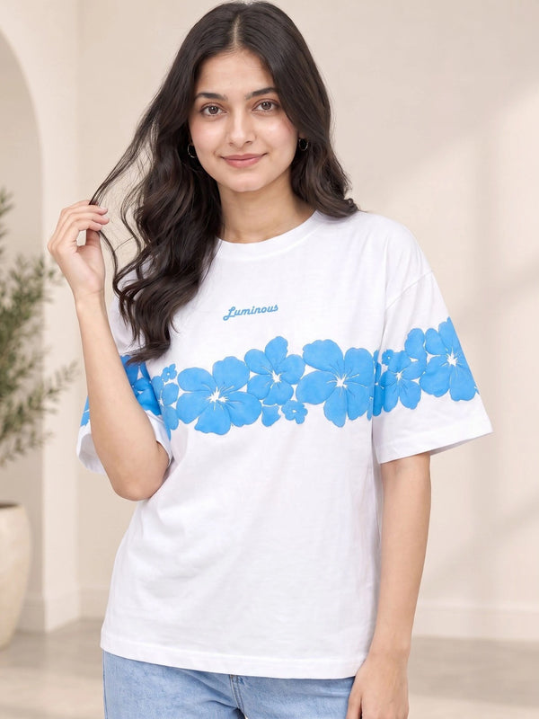 Women's Floral Printed Relaxed Fit T-Shirt — White — Tshirt Factory India Direct Wholesale Manufacturer