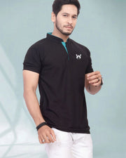 Men's Brand Logo Mandarin Collar T-Shirt — Black — Thumbnail 2