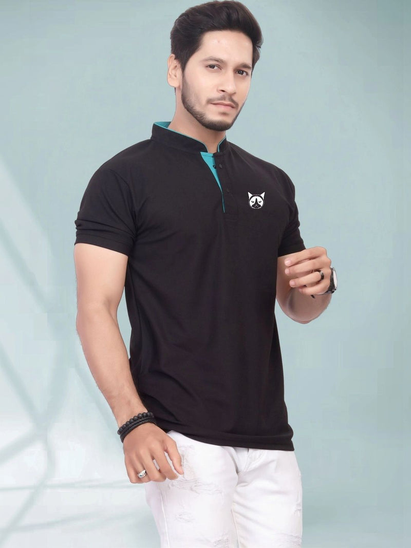 Men's Brand Logo Mandarin Collar T-Shirt — Black — Quality Craftsmanship Anatomy
