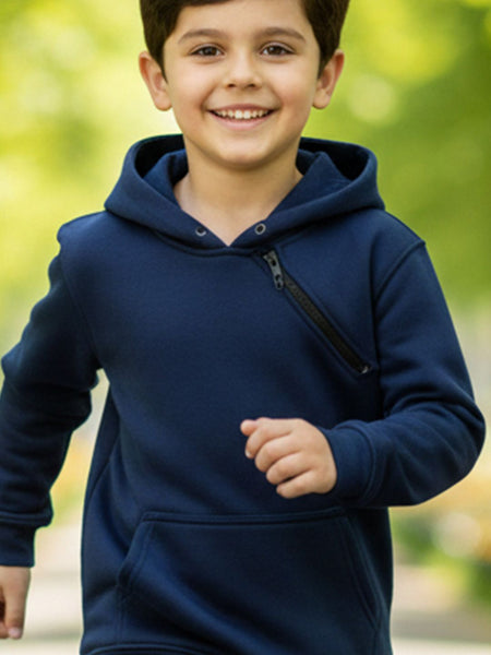 Kids Unisex Solid Hooded Sweatshirt — Navy Blue Angle View — Custom Printing Surat