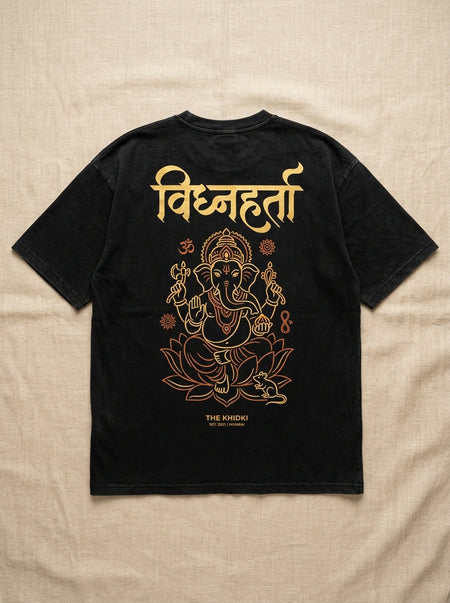 Men's Vighnaharta Graphic Cotton Round Neck T-Shirt — Black Angle View — Custom Printing Surat